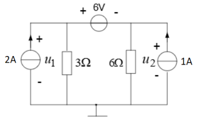 【简答题】使用叠加定理计算图示电路的电压u1和u2。
