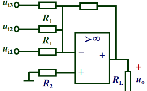 如图所示运放电路中，已知ui1=0.1V，ui2=0.2V，ui3=0.3V，R1=5KΩ，R2=1.4KΩ，RF=10KΩ。分析该电路功能，并计算求该电路输出电压。